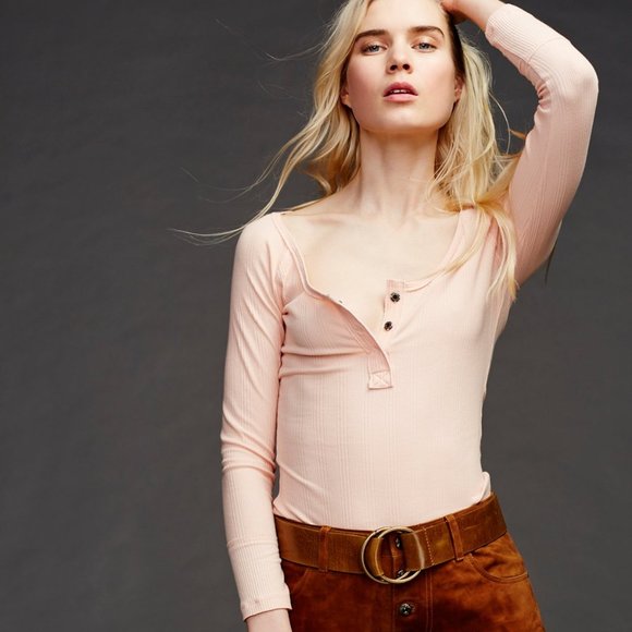 Free People Jill Henley Peach  Henley Long L - Picture 1 of 3